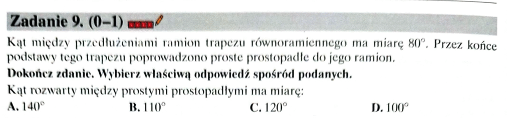 Kąt między przedłużeniami ramion trapezu równoramiennego ma miarę 80°.
Przez końce podstawy tego trapezu poprowadzono proste prostopadłe do jego ramion.